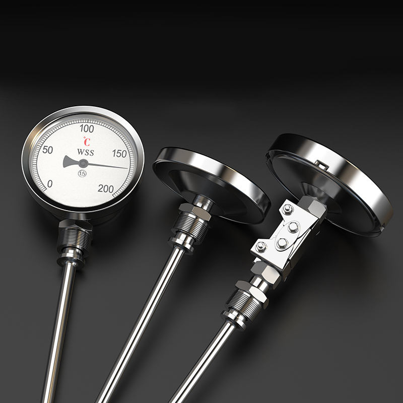Thermomètre bimétallique industriel de type axial-radial personnalisé longueur 1/2 filetage 304 en acier inoxydable 1,6 de précision de type pointeur